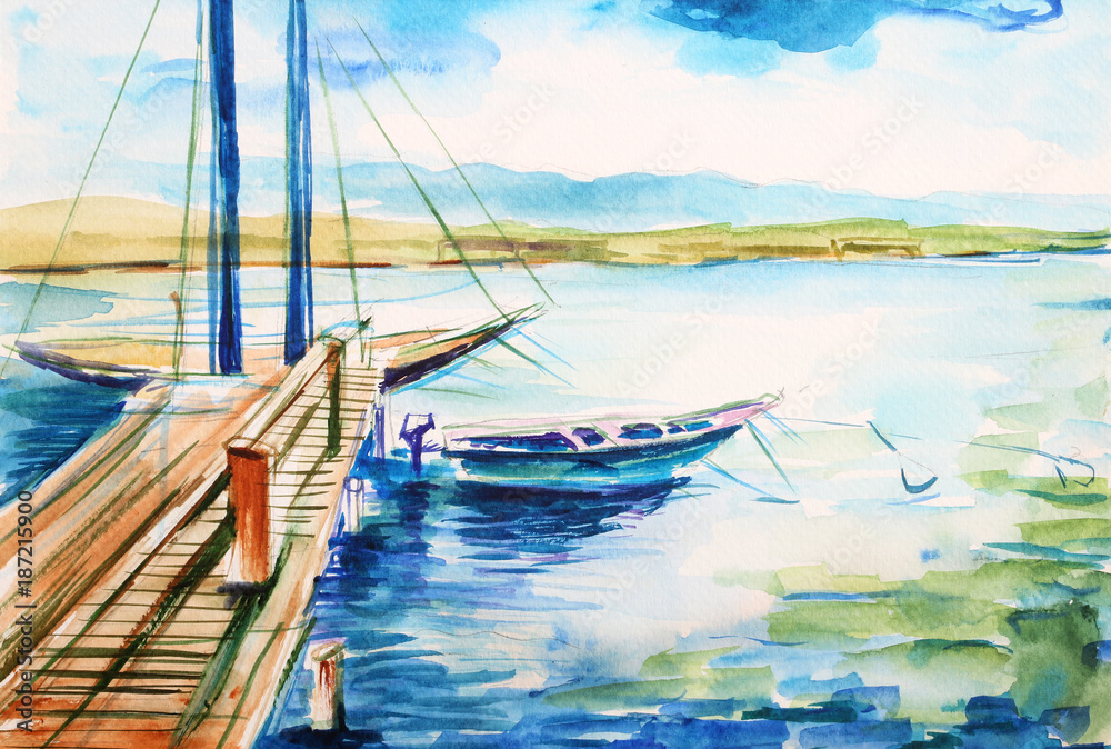 Port nad jeziorem genewskim - ilustracja ręcznie malowana - obrazy, fototapety, plakaty 