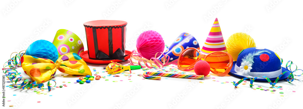 Colorful birthday or carnival background with party items isolated on white - obrazy, fototapety, plakaty 