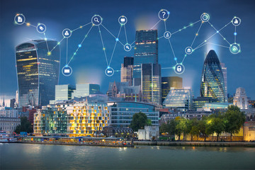 Sticker - London and river Thames at sunset. Illustration with communication and business icons, network connections concept.