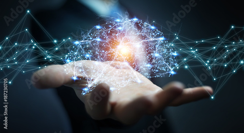 Fotografía Businessman using digital x-ray human brain interface 3D rendering