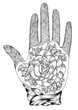 Vector hand drawn tattooed arm with a rose andweave patterns. Pattern for coloring page A4 size Indian traditional lifestyle. Ornament coloring book for adults.