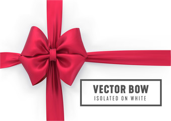 Wall Mural - Red color bow and ribbon on white background. Template for greeting card, sale promo or gift certificate. Vector 3d realistic illustration.