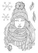 Vector hand drawn fashion girl in a warm knitted hat and voluminous scarf, autumn winter season. Pattern for coloring book A4 size. Coloring book for adults.