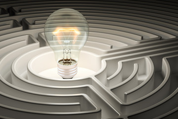 Poster - Lightbulb inside labyrinth maze. 3D rendering