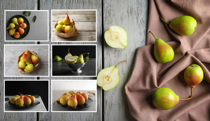 Sticker - Delicious ripe pears on wooden background