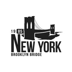 Wall Mural - New York, Brooklyn Bridge typography for t-shirt print. Stylized Brooklyn Bridge silhouette. Tee shirt graphic