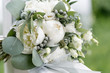 wedding bouquet with rain drops. Morning at wedding day at summer. Beautiful mix white peonies and eucalyptus