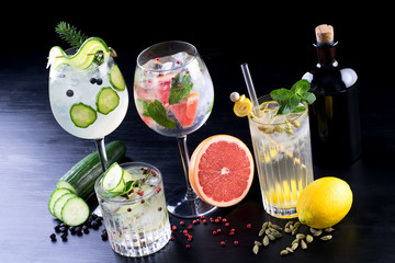 Wall Mural - gin and tonic alcohol drink cocktail glass ice fruit garnish plain black white background