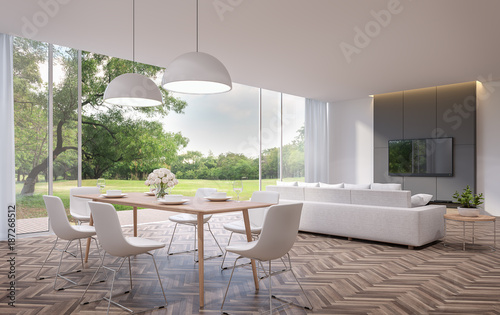 Modern Dining And Living Room With Garden View 3d Rendering