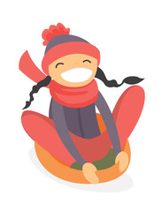 Wall Mural - Happy laughing caucasian white girl sledding down on snow rubber tube in the winter park. Concept of outdoor winter leisure activity. Vector cartoon illustration isolated on white background.