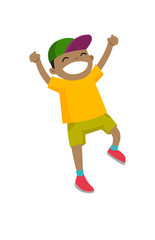 Wall Mural - Excited emotional little active african-american boy jumping with raised hands up. Vector cartoon illustration isolated on white background.