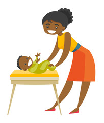 Poster - Young african-american mother taking care of smiling newborn baby lying on changing table. Happy mother changing clothing to her infant. Vector cartoon illustration isolated on white background.