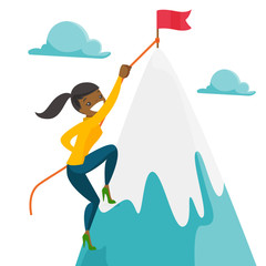 Poster - Risky african woman climbing on the peak of mountain with a flag symbolizing business goal. Business goal, achievement and motivation concept. Vector cartoon illustration isolated on white background.