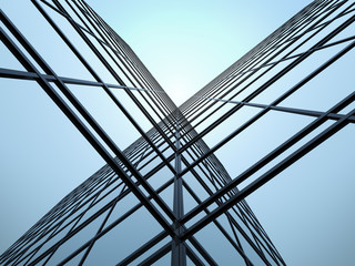 Poster - Perspective of high rise glass building and dark steel window system on blue clear sky background,Business concept of future architecture.