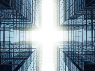 Poster - Perspective of high rise glass building in square view and dark steel window system on blue clear sky background,Business concept of future architecture.