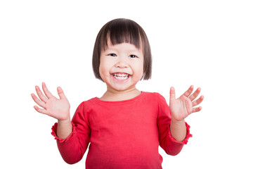 Wall Mural - Portrait of little cute asian girl, lovely small asian girl look up isolated on white background with clipping mask, happy and fun expression