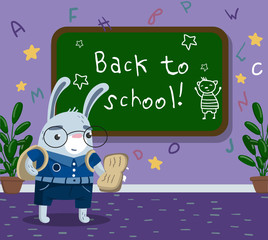 Wall Mural - Cute funny little rabbit animal student in school uniform standing next to blackboard in the calssroom, back to school concept vector Illustration