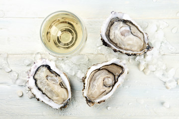  Overhead photo of oysters with wine and copy space