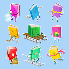 Poster - Humanized, childish books characters with smiling faces, book stickers in different poses and situations cartoon vector Illustrations