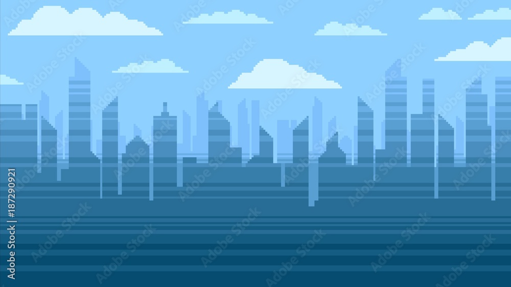 Blue city skyscrapers background, pixel art video game style ...