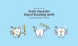 Tooth character Step of brushing teeth illustration vector on blue background. Dental concept.