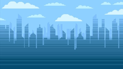 Blue city skyscrapers background, pixel art video game style illustration