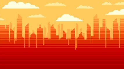 Wall Mural - Red city skyscrapers background, pixel art illustration