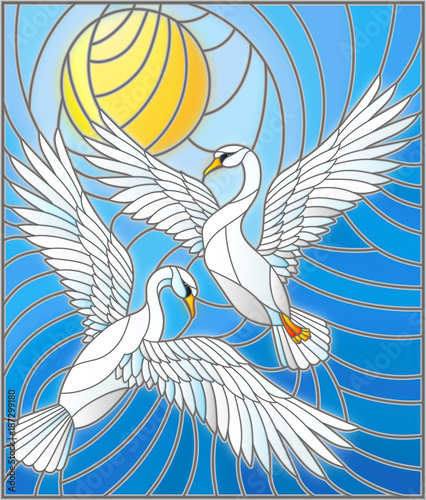 ilustracja-w-stylu-witrazu-z-para-labedzi-na-tle-dziennych-niebo-i-chmury