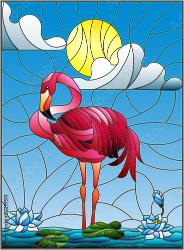 ilustracja-w-stylu-witrazu-z-flamingo-kwiaty-lotosu-i-trzciny-na-staw-w-sloncu