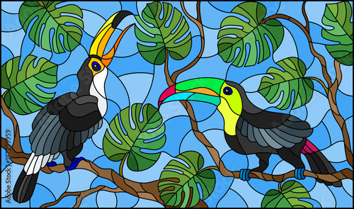ilustracja-w-stylu-witrazu-para-ptakow-toucan-na-galezi-drzewa-tropikalne-p