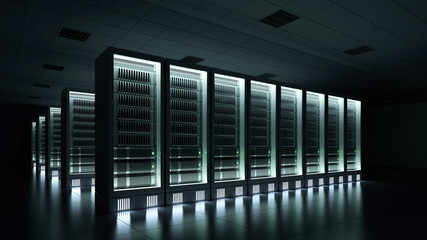 Data center dark with glowing servers 3d rendering