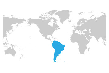 Sticker - South America continent blue marked in grey silhouette of World map. Simple flat vector illustration.