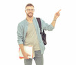 © lenets_tan - A male student with a school bag holding books and pointing isolated on white background