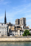 Fototapeta Paryż - View of Notre-Dame de Paris cathedral on the Ile de la Cite with medieval and Haussmannian buildings in the foreground.