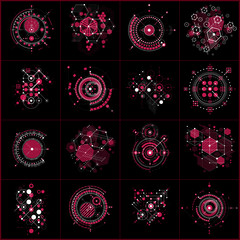 Fototapete - Set of vector abstract backgrounds created in Bauhaus style. Geometric backdrops. Engineering technology wallpapers made with circles and honeycombs can be used as templates and layouts.
