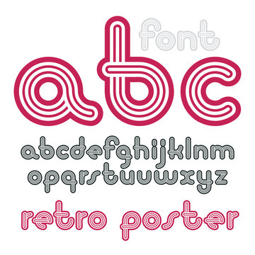 Vector lowercase funky disco alphabet letters set. Trendy font, typescript for use in logo creation. Created using geometric triple stripes.