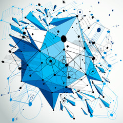 Fototapete - Geometric Bauhaus 3d vector blue background with low poly abstract demolished object created from hexagons and connected lines. Best for use as advertising poster or banner design.