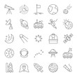 Space line icons vector set. Collection of space objects with astrunaut, planet and moon isolated on white background.