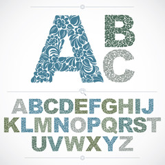 Poster - Ecology style flowery font, colorful vector typeset made using natural ornament. Alphabet capital letters created with spring leaves and floral design.