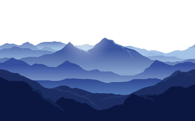 Wall Mural - vector landscape with blue silhouettes of mountains with mist and white sky as background