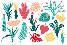 Set The Plant Objects, A Collection With Cacti, Succulents And Tropical Leaves. Mammilia, Prickly Pear, Haworthia, Hathira, Aloe, Palm, Monstera, Hibiscus. Vector Illustration.