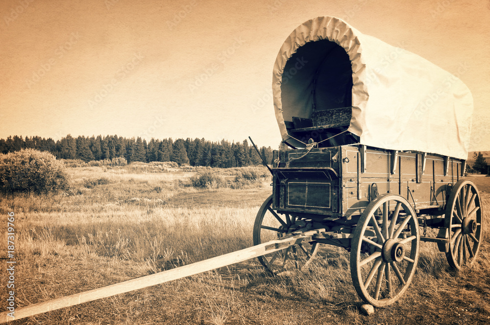 Vintage american western wagon, sepia vintage process, West American cowboy times concept - obrazy, fototapety, plakaty 