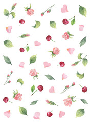 Wall Mural - Watercolor vector banner from green leaves, flowers roses, cherry and hearts isolated on a white background.