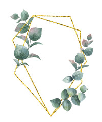 Wall Mural - Watercolor vector composition from the branches of eucalyptus and gold geometric frame.