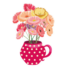 Volorful Poppies In Cute Red Pot With Dots. Vector Illustration On White Background