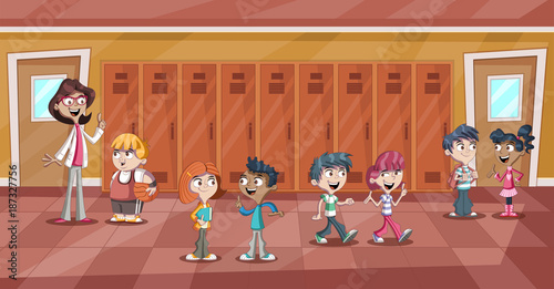 Cute cartoon children and teacher in school corridor