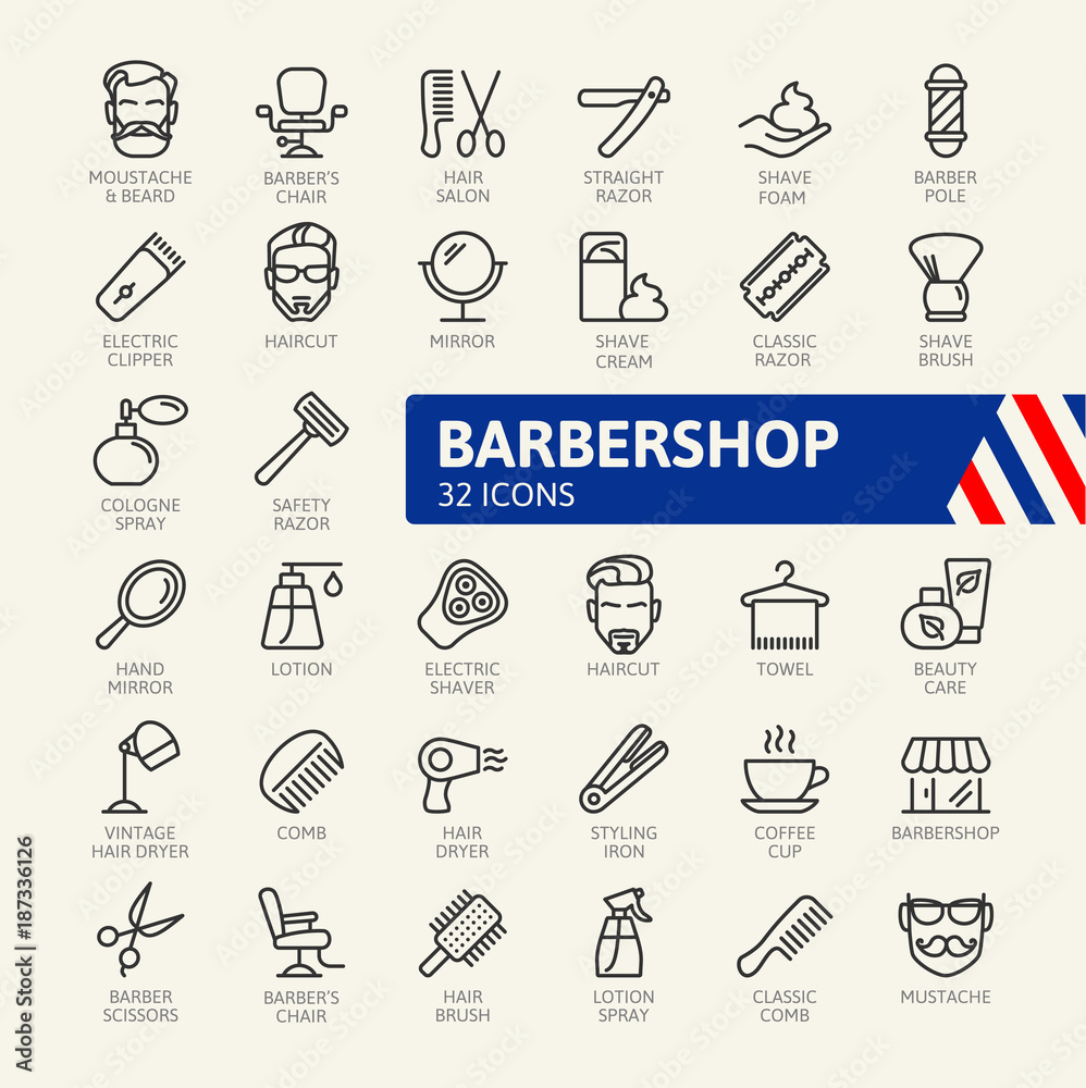 Barber shop elements - minimal thin line web icon set. Outline icons ...