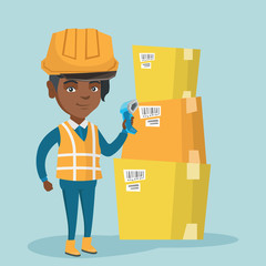 Canvas Print - Young african warehouse worker holding a scanner and scanning the barcode on the box. Warehouse worker checking the barcode of the box with a scanner. Vector cartoon illustration. Square layout.