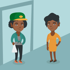 Sticker - Young african delivery courier delivering online grocery shopping order to customer. Woman receiving packages with groceries from delivery courier at home. Vector cartoon illustration. Square layout.