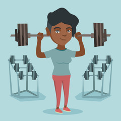 Sticker - African-american sporty woman lifting a heavy weight barbell. Strong sportswoman doing exercise with a barbell. Weightlifter holding a barbell in the gym. Vector cartoon illustration. Square layout.